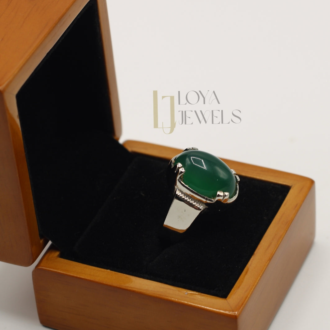 Natural Green Aqeeq Agate Ring